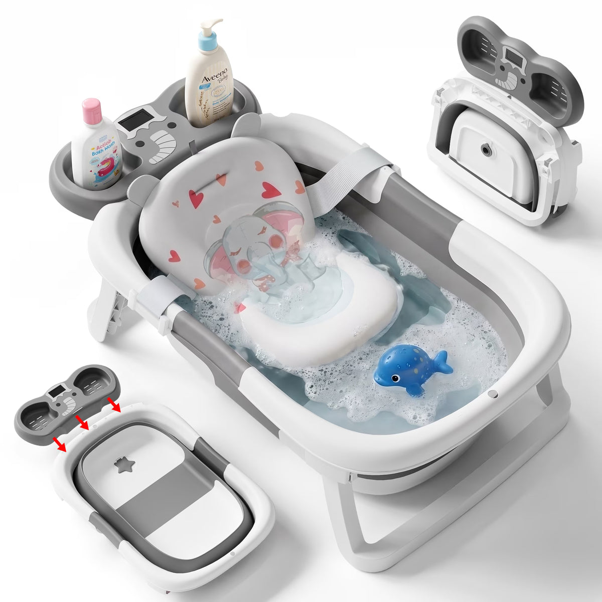 Aprpink Foldable Baby Bathtub with Storage Tray, Portable Non-Slip Elephant Bath Tub for Infants and Toddlers, Gray