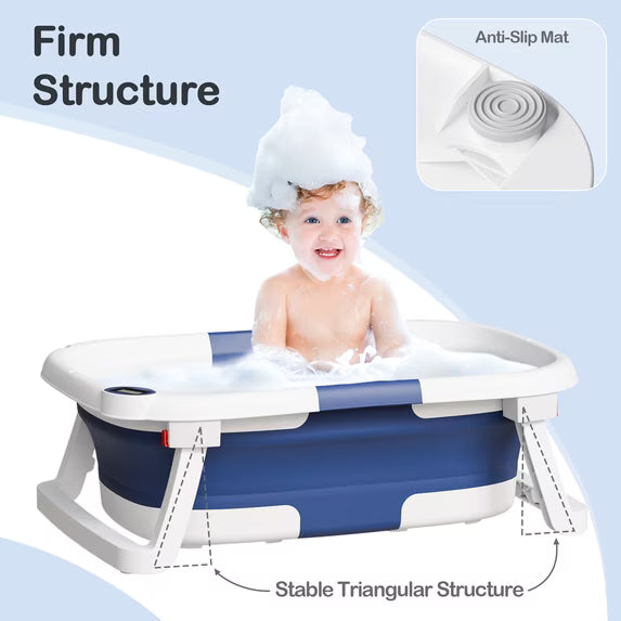 Aprpink Foldable Baby Bathtub PP+TPE with Soft Bath Net&Thermometer for 0-36 Months Toddler Blue