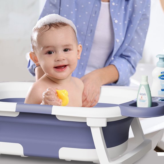 Aprpink Foldable Baby Bathtub PP+TPE with Soft Bath Net&Thermometer for 0-36 Months Toddler Blue
