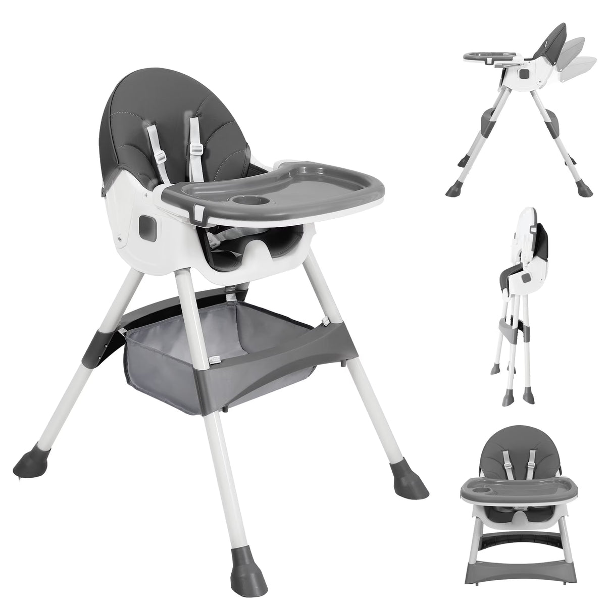 Aprpink 6 in 1 Baby Convertible High Chair Seat with 5 Point PU Safety Harness Gray Striped