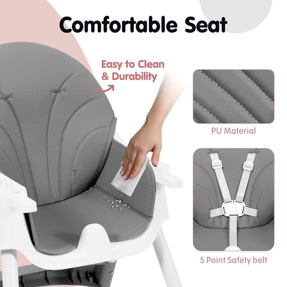 Aprpink 6 in 1 Baby Convertible High Chair Seat with 5 Point PU Safety Harness Gray Striped