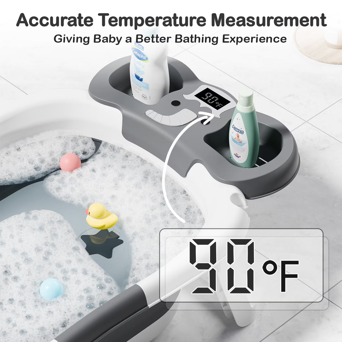 Aprpink Foldable Baby Bathtub with Storage Tray, Portable Non-Slip Elephant Bath Tub for Infants and Toddlers, Gray